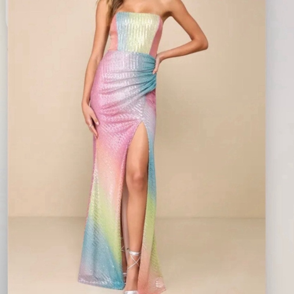 BNWT Lulus Ethereal Brilliance Rainbow Sequin Strapless Maxi Dress Medium